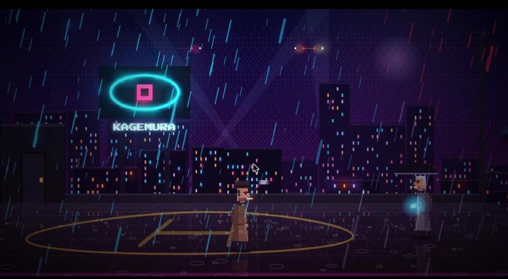 La azotea de la Torre Kagemura bajo la lluvia, con el logo del ojo sobre la ciudad.