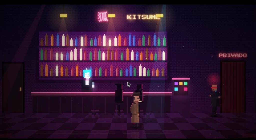 El interior del bar Kitsune, con la estantería de botellas y el portero junto a la cortina.