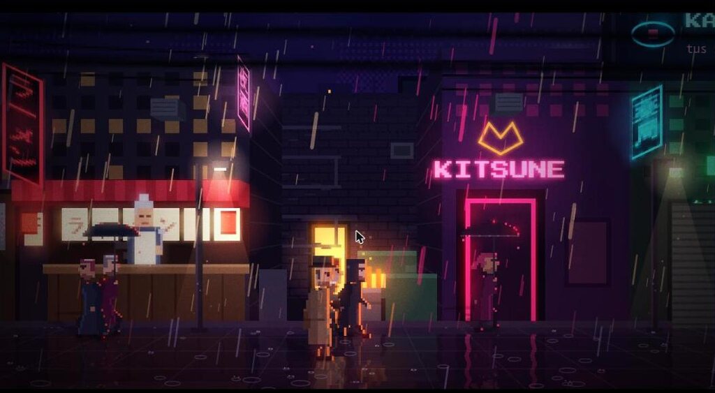 Una calle lluviosa de Neo-Tokyo con el puesto de ramen y el neón del bar Kitsune.