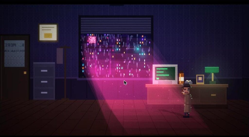 La oficina del detective, con el terminal encendido y la ciudad tras la persiana.